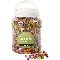 Wooden Beads, dia. 5-8 mm, hole size 1,5 mm, assorted colours, 175 g, 400ml/ 1 bucket