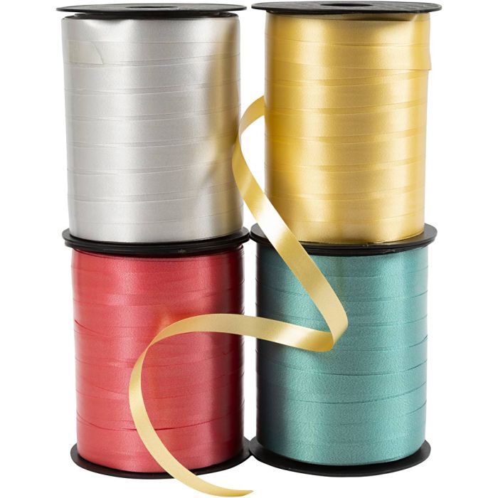 Curling Ribbon, W: 10 mm, glossy, gold, green, red, silver, 4x250 m/ 1 pack