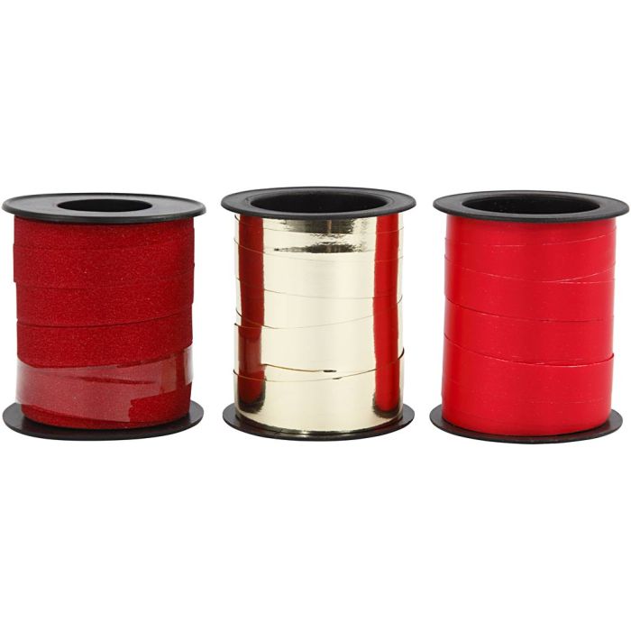 Curling Ribbon, W: 10 mm, gold, red, red glitter, 3x15 m/ 1 pack