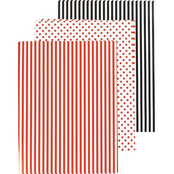 Glazed Paper, stripes, dots, sheet 25x35 cm, 80 g, black, red, white, 25 sheet/ 1 pack