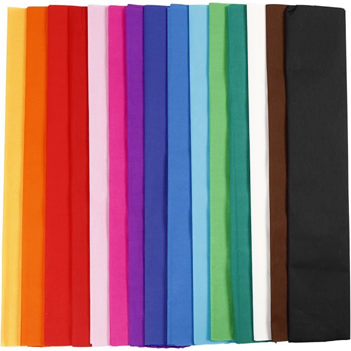 Crepe Paper, L: 2,5 m, W: 50 cm, 22 g, assorted colours, 15 pleats/ 1 pack