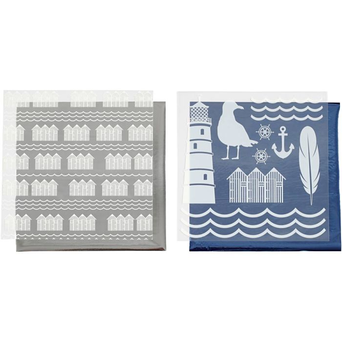 Deco Foil and transfer sheet, lighthouse, sheet 15x15 cm, blue, silver, 2x2 sheet/ 1 pack