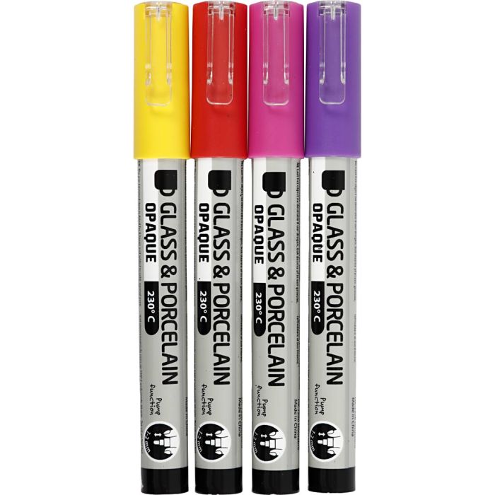 Glass & Porcelain Marker, line 1-2 mm, semi opaque, orange, purple, light red, yellow, 4 pc/ 1 pack