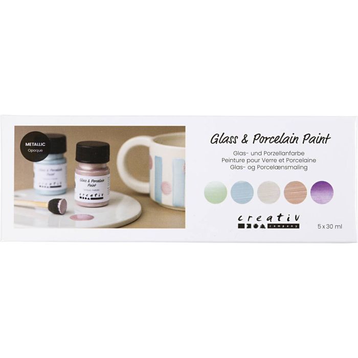 Glass and Porcelain Paint, metallic, opaque, pastel colours, 5x30 ml/ 1 pack