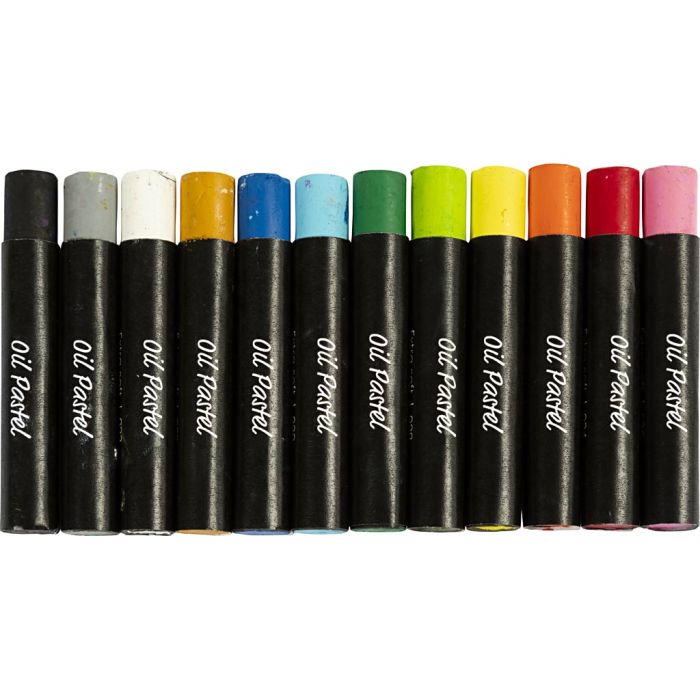 Oil Pastels, L: 7 cm, thickness 11 mm, standard colours, 12 pc/ 1 pack