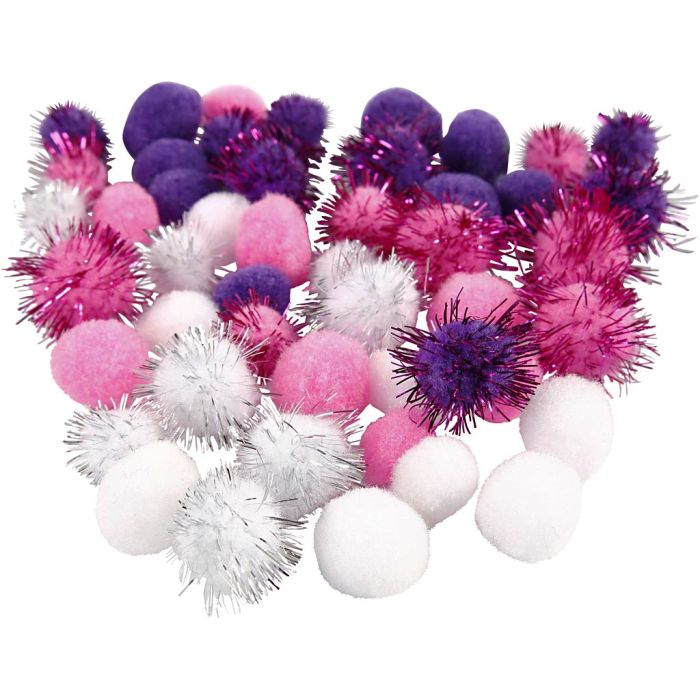 Pom poms, dia. 15+20 mm, purple, light red, white, 48 pc/ 1 pack