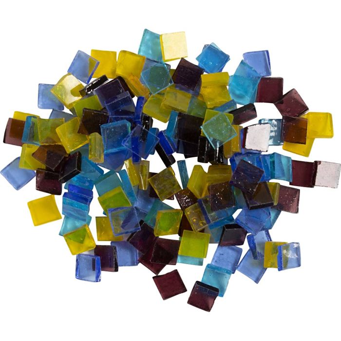 Glass Mosaic Tiles, size 10x10 mm, thickness 3 mm, transparent, blue, light blue, purple, yellow, 454 g/ 1 pack