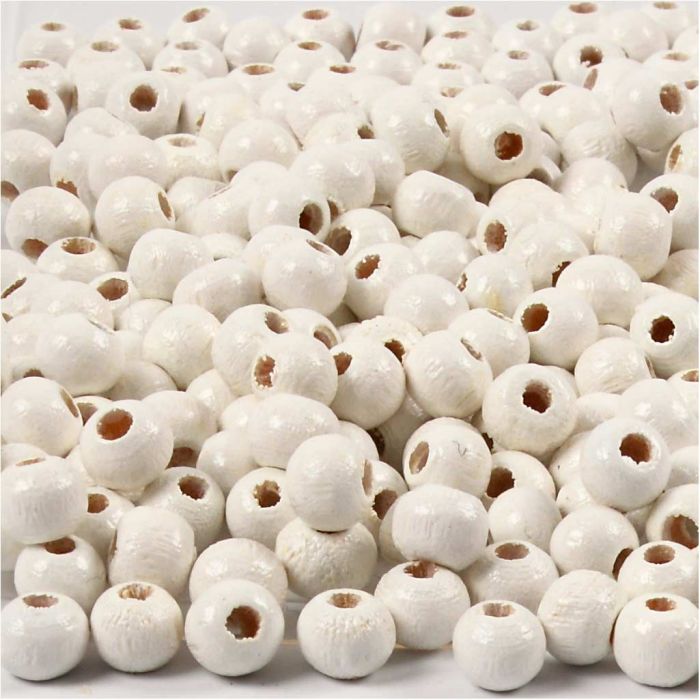 Wooden Beads, dia. 5 mm, hole size 1,5 mm, ca. 150 pc, white, 6 g/ 1 pack
