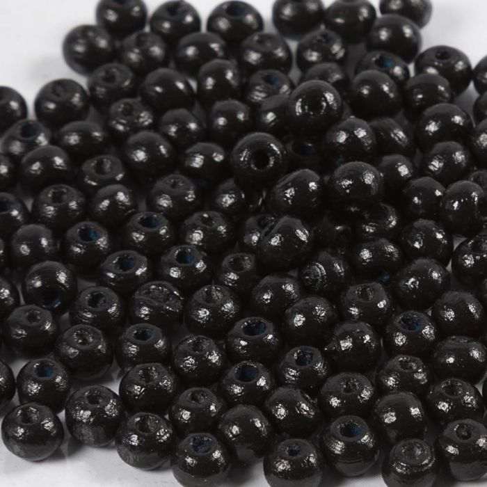 Wooden Beads, dia. 5 mm, hole size 1,5 mm, ca. 150 pc, black, 6 g/ 1 pack