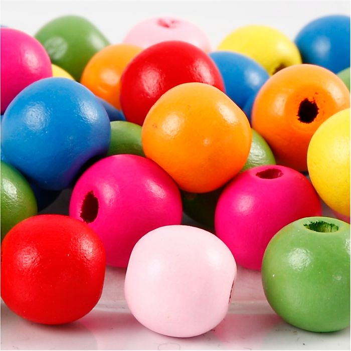 Wooden Beads, dia. 12 mm, hole size 2,5-3 mm, ca. 40 asstd., assorted colours, 22 g/ 1 pack