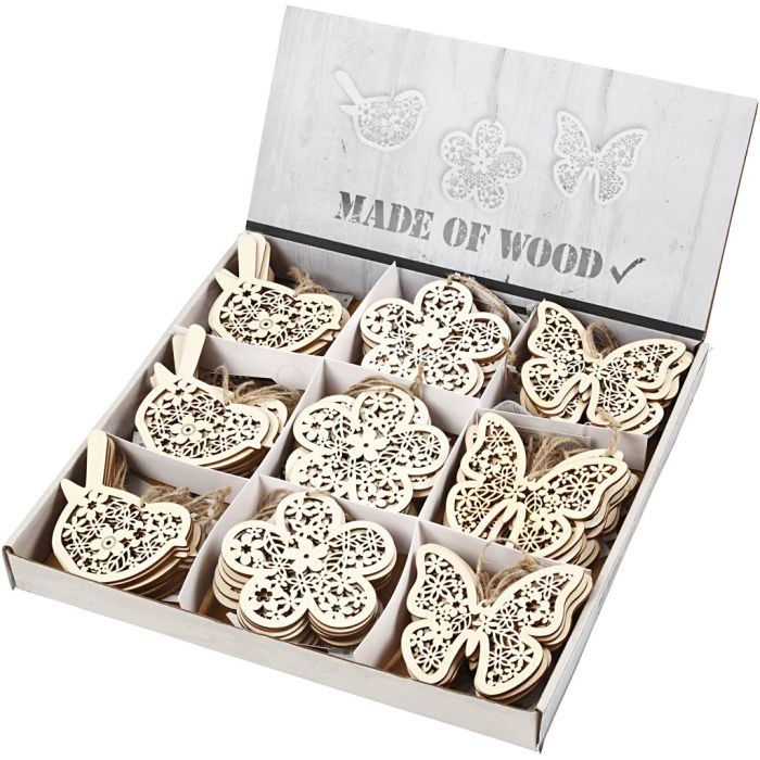 Wooden Ornament, butterfly, flower and bird, H: 10 cm, W: 10 cm, 90 pc/ 1 pack