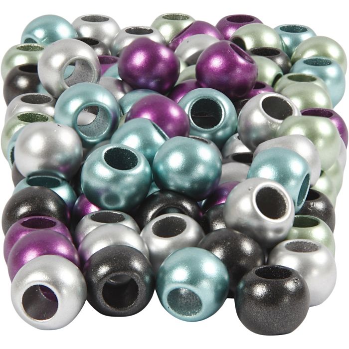 Pony Beads, dia. 10 mm, hole size 4 mm, ca. 145 pc, metallic colours, 60 g, 125 ml/ 1 pack
