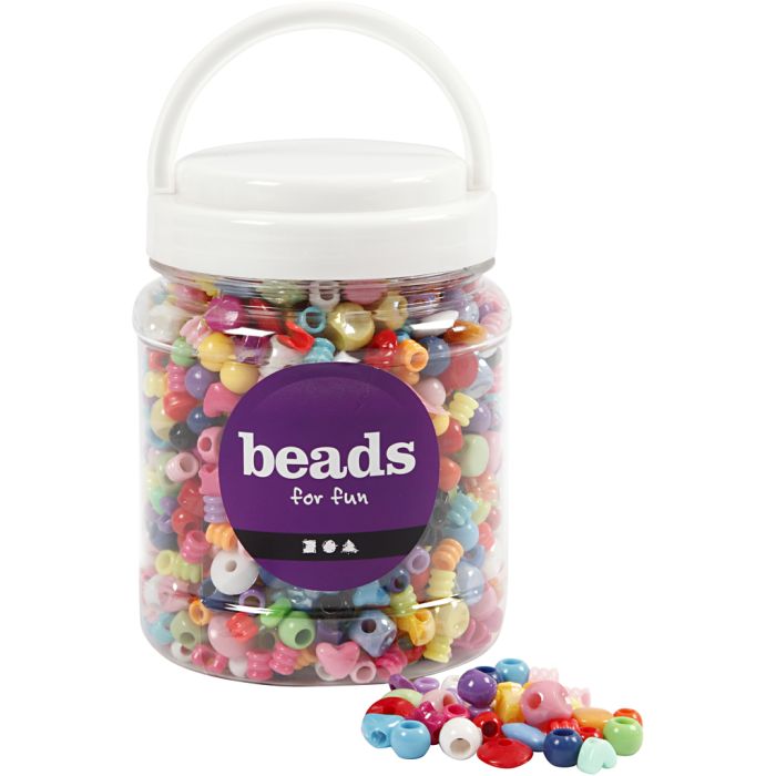 Plastic Beads, size 6-20 mm, hole size 1,5-6 mm, ca. 1175 pc, 390 g, 700 ml/ 1 tub