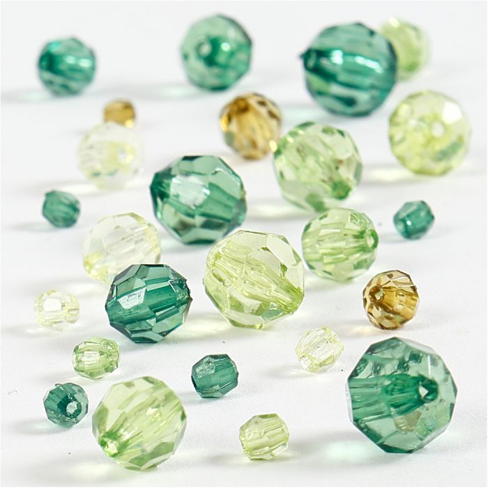 Facet Beads, size 4-12 mm, hole size 1-2,5 mm, ca. 170 pc, green glitter, 45 g/ 1 pack
