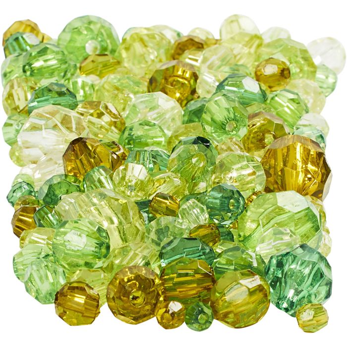 Facet Beads, size 4-12 mm, hole size 1-2,5 mm, ca. 860 pc, green glitter, 250 g/ 1 pack