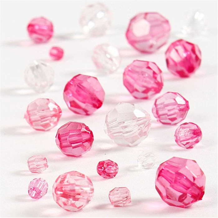 Facet Beads, size 4-12 mm, hole size 1-2,5 mm, ca. 170 pc, pink, 45 g/ 1 pack