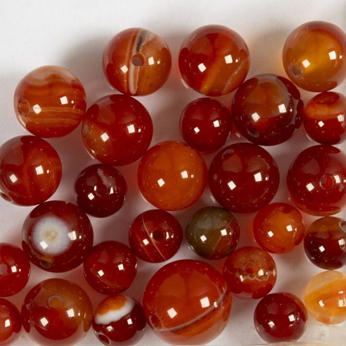 Agate stone beads, dia. 6+8+10 mm, hole size 0,9-1 mm, burnt orange, red, 28 pc/ 1 pack