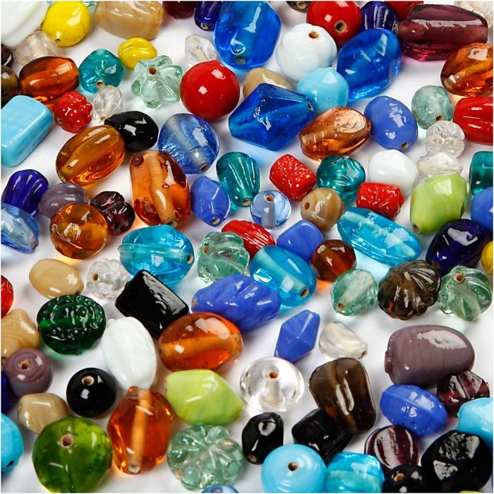 Glass Beads, size 7-18 mm, hole size 1 mm, ca. 600 pc, assorted colours, 1000 g/ 1 pack