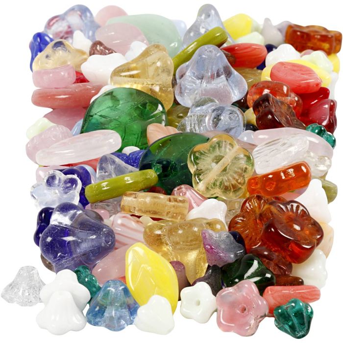 Glass beads, leaves, flowers, dia. 6-17 mm, hole size 0,5-1,5 mm, assorted colours, 350 g/ 1 pack