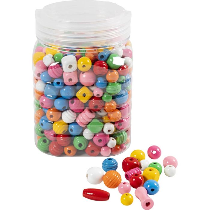 Wooden Beads, dia. 5-28 mm, hole size 2,5-3 mm, assorted colours, 400 g/ 1 bucket