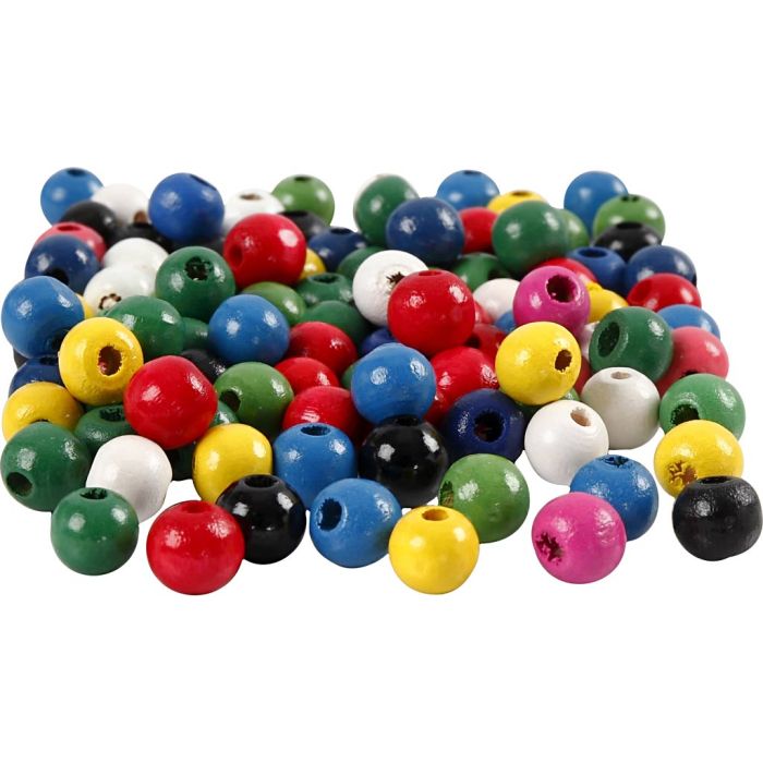 Wooden Beads, dia. 8, hole size 2 mm, assorted colours, 200 pc/ 1 pack