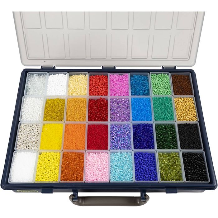 Rocaille seed beads, dia. 1,7+3+4 mm, size 6/0+8/0+12/0, hole size 0,5-1,2 mm, Colour may vary , assorted colours, 32x100 g/ 1 pack