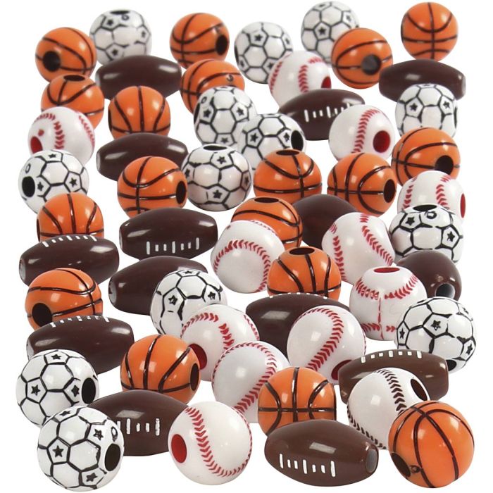Sports Beads, size 11-15 mm, hole size 3-4 mm, ca. 55 pc, assorted colours, 45 g/ 1 pack