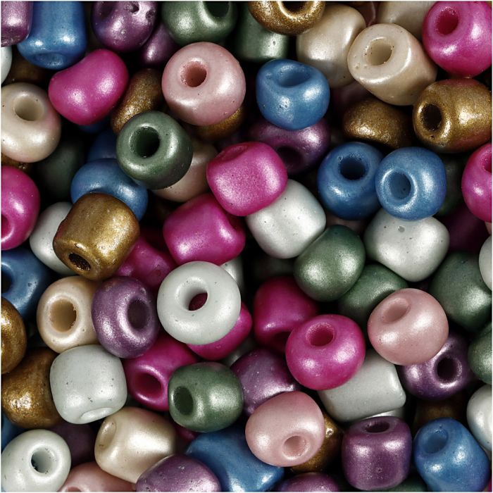 Rocaille seed beads, dia. 5 mm, size 4/0, hole size 1,2 mm, ca. 500 pc, metallic colours, 130 g/ 1 pack