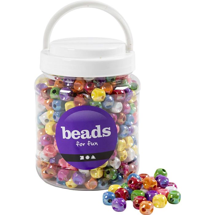 Dice Beads, size 10x10 mm, hole size 3 mm, assorted colours, 400 g, 700 ml/ 1 tub