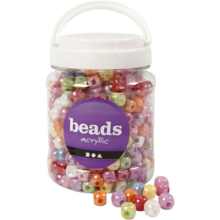 Dice Beads, size 10x10 mm, hole size 4 mm, ca. 520 pc, assorted colours, 400 g, 700 ml/ 1 tub