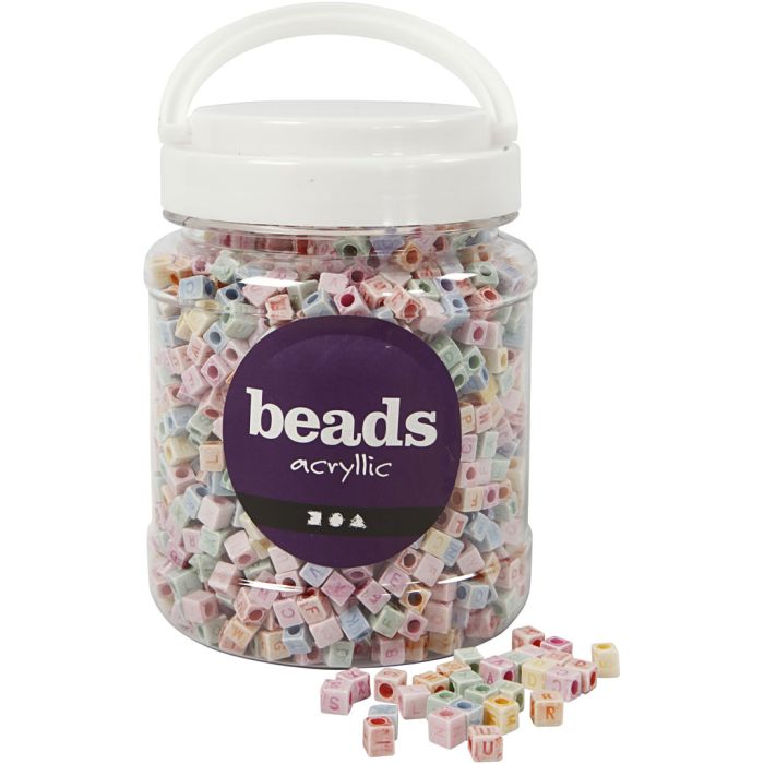 Letter Beads, size 6x6 mm, hole size 3 mm, ca. 2300 pc, 500 g, 700 ml/ 1 tub