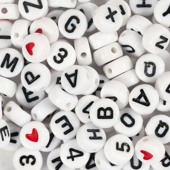 Letter Beads, size 7 mm, hole size 1,2 mm, ca. 200 pc, white, 25 g/ 1 pack