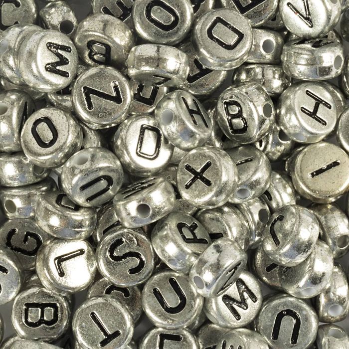 Letter Beads, dia. 7 mm, hole size 1,2 mm, ca. 200 pc, silver, 21 g/ 1 pack