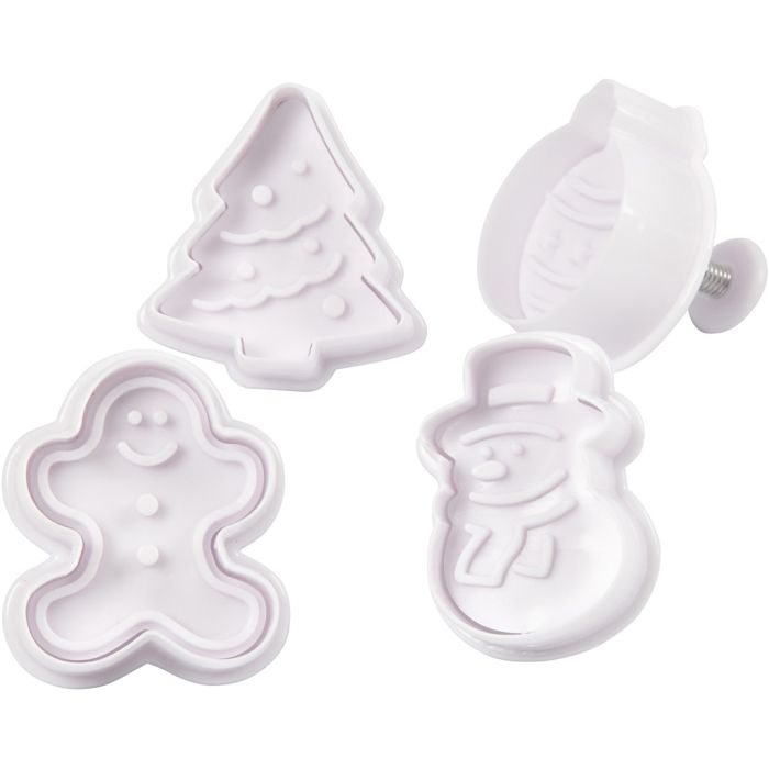 Embossing Cookie Cutters, Christmas tree, snowman, gingerbread man, Christmas bauble, H: 5 cm, white, 4 pc/ 1 pack