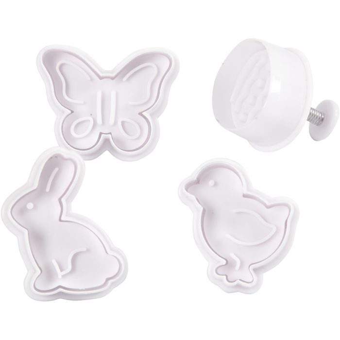 Embossing Cookie Cutters, Easter egg, hare, chicken, butterfly, H: 5 cm, white, 4 pc/ 1 pack