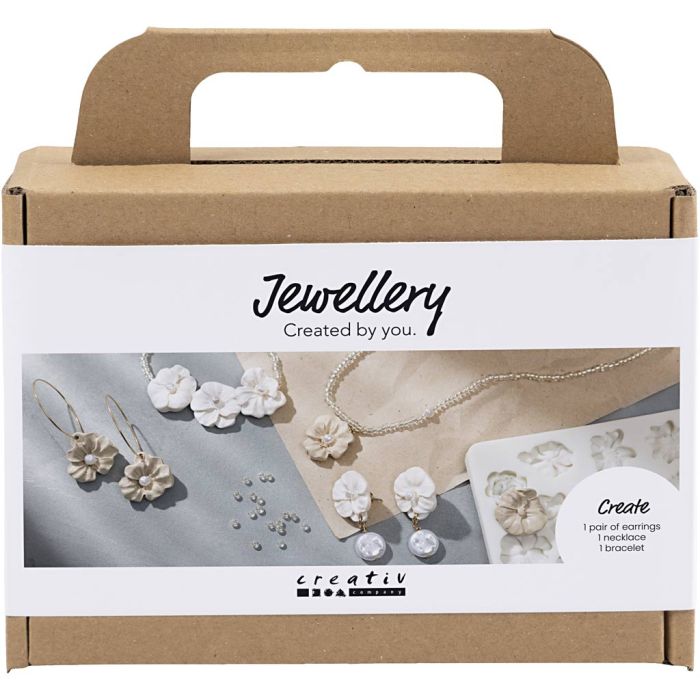 Mini Craft Kit Jewellery, Floral-design earrings, bracelet and necklace, beige, light beige, warm beige, 1 pack