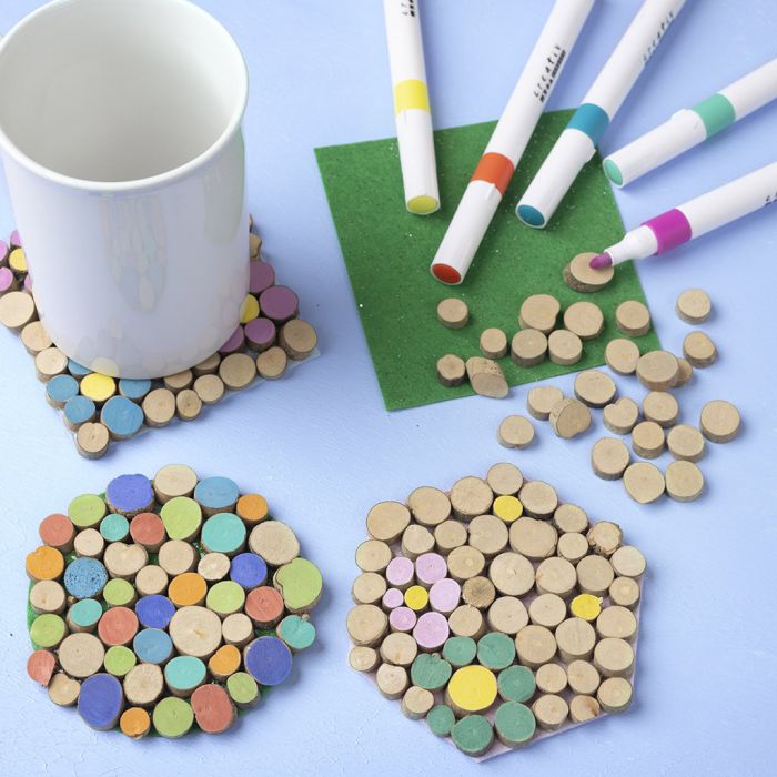Colourful wooden disc coasters