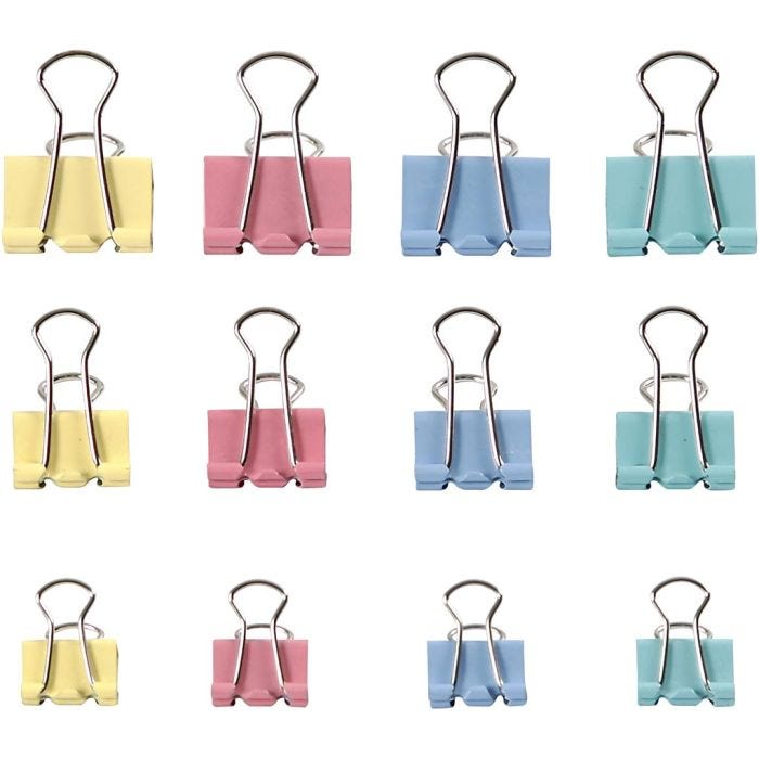 Foldback Clips, W: 15-19-25 mm, pastel colours, 30 asstd./ 1 pack