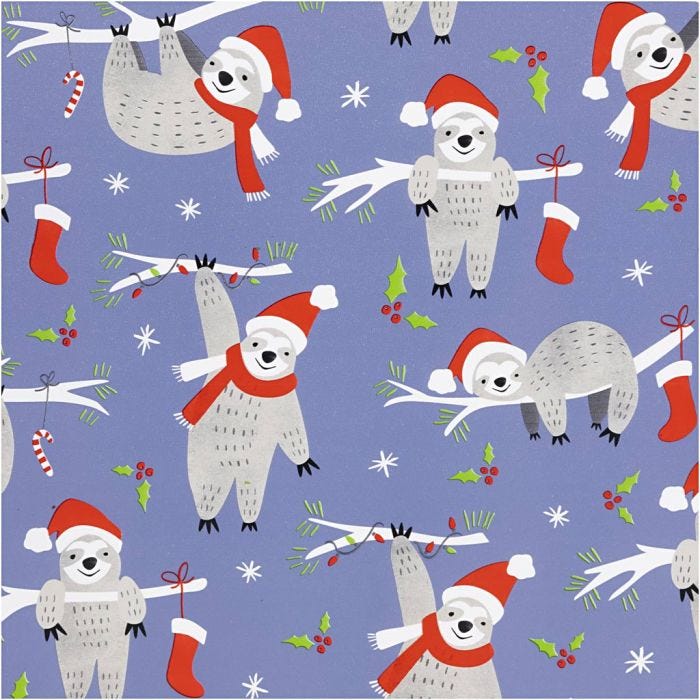 Gift wrap, Sloth with Christmas hat, W: 50 cm, 80 g, purple, 5 m/ 1 roll
