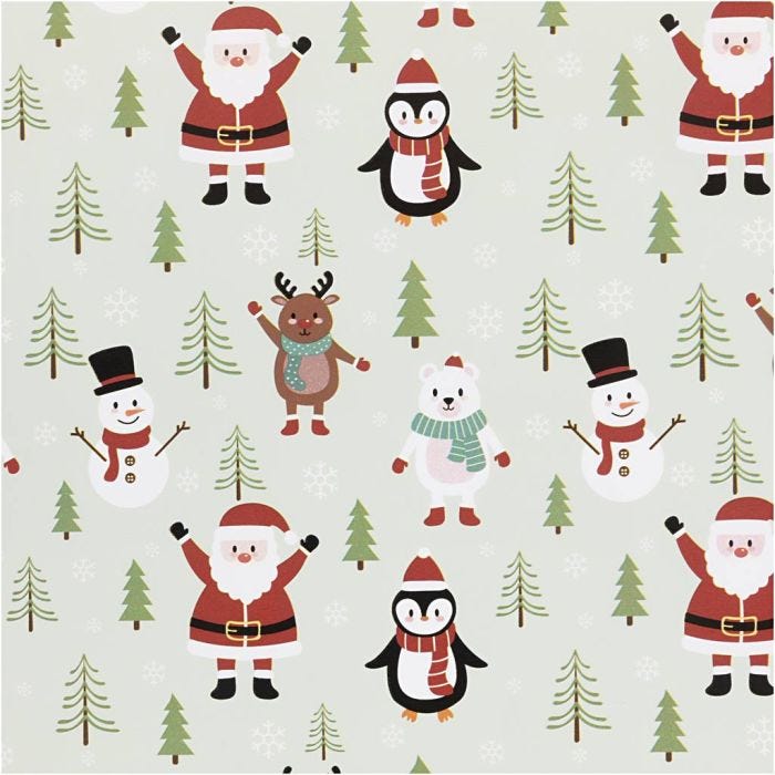 Gift wrap, Santa Claus, snowman, reindeer, polar bear and penguin, W: 50 cm, 80 g, ice blue, 5 m/ 1 roll