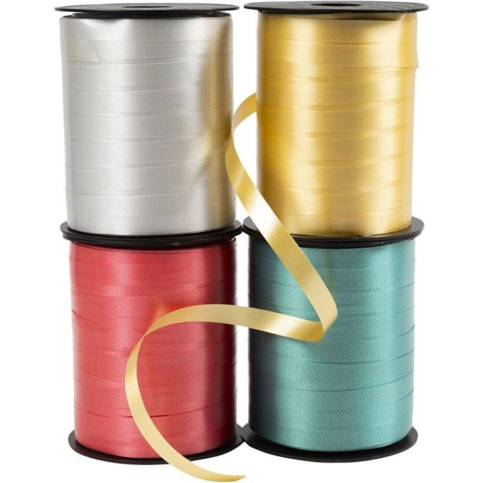 Curling Ribbon, W: 10 mm, glossy, gold, green, red, silver, 4x250m/ 1 pack
