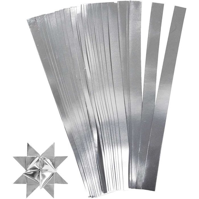 Paper Star Strips, L: 45 cm, W: 10 mm, dia. 4,5 cm, silver, 100 strips/ 1 pack