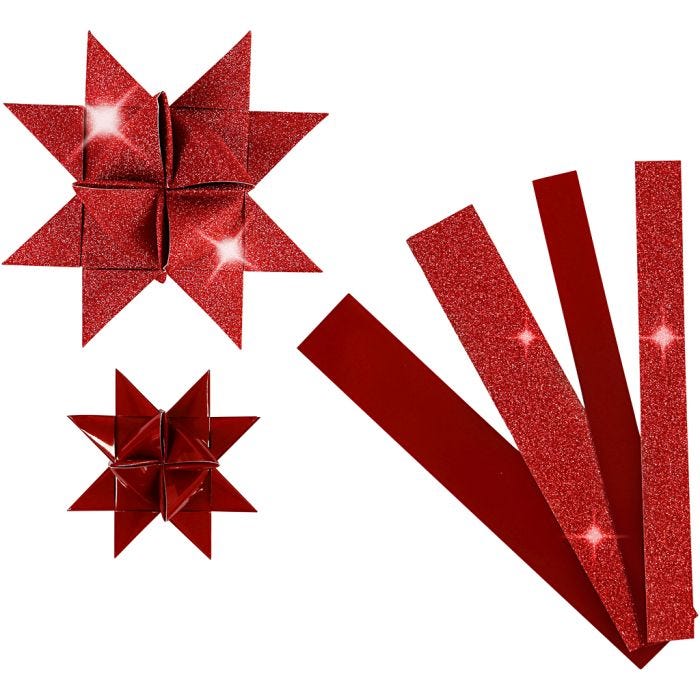 Paper Star Strips, L: 44+78 cm, dia. 6,5+11,5 cm, W: 15+25 mm, glitter,varnish, red, 40strips/ 1 pack