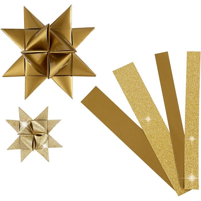 Paper Star Strips, L: 44+78 cm, W: 15+25 mm, dia. 6,5+11,5 cm, glitter,varnish, gold, 40 strips/ 1 pack