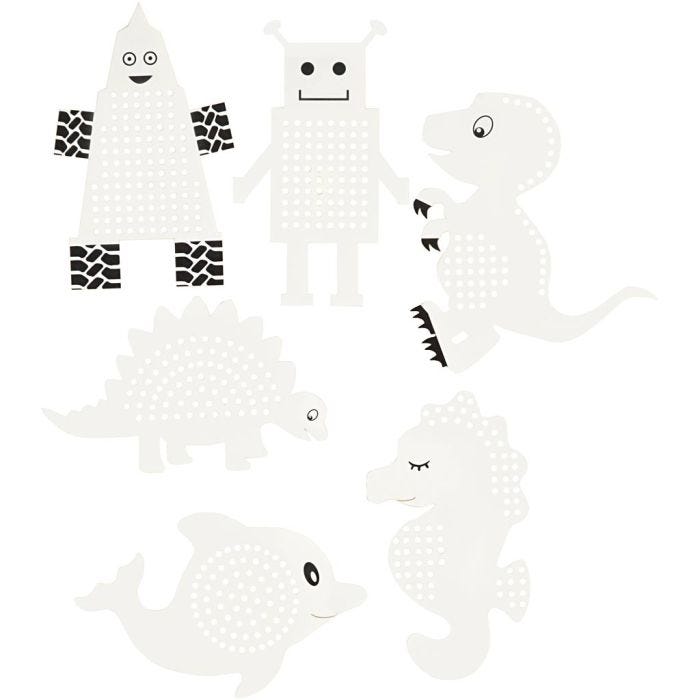 Embroidery card, animals/robots, H: 8-13 cm, W: 8-13 cm, white, 6x3pc/ 1 pack