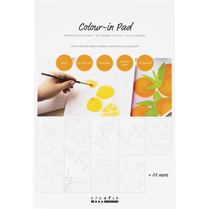 Colour-in Paper Pad, A4, sheet 210x297 mm, cold pressed,medium grain, 300 g, white, 20 sheet/ 1 pc