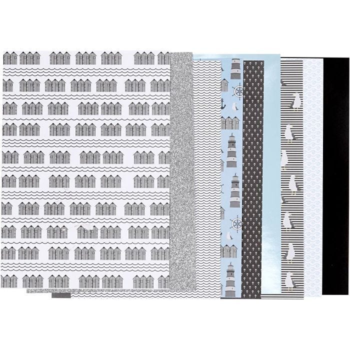 Design Paper pad, size 21x30 cm, 120+128 g, black, blue, grey, white, 24sheet/ 1 pack