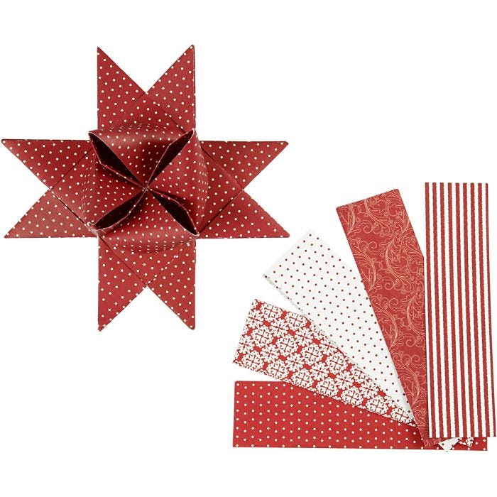 Paper Star Strips, L: 100 cm, W: 40 mm, dia. 18 cm, red, white, 40strips/ 1 pack