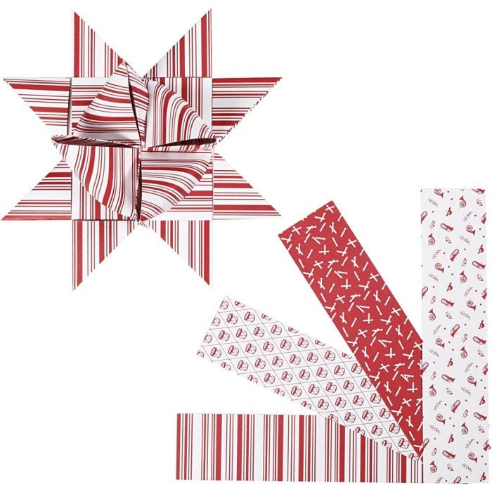 Paper Star Strips, L: 100 cm, Dia. 18 cm, W: 40 mm, red, white, 40 strips/ 1 pack