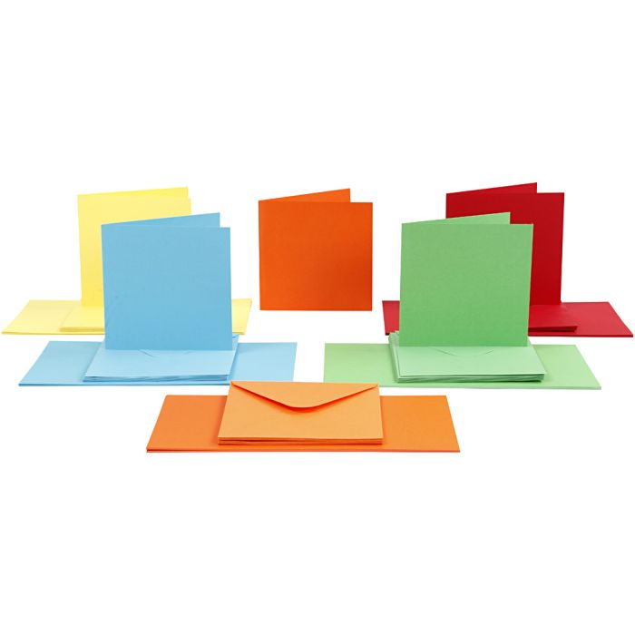 Cards and envelopes, card size 15x15 cm, envelope size 16x16 cm, 110+220 g, assorted colours, 50set/ 1 pack